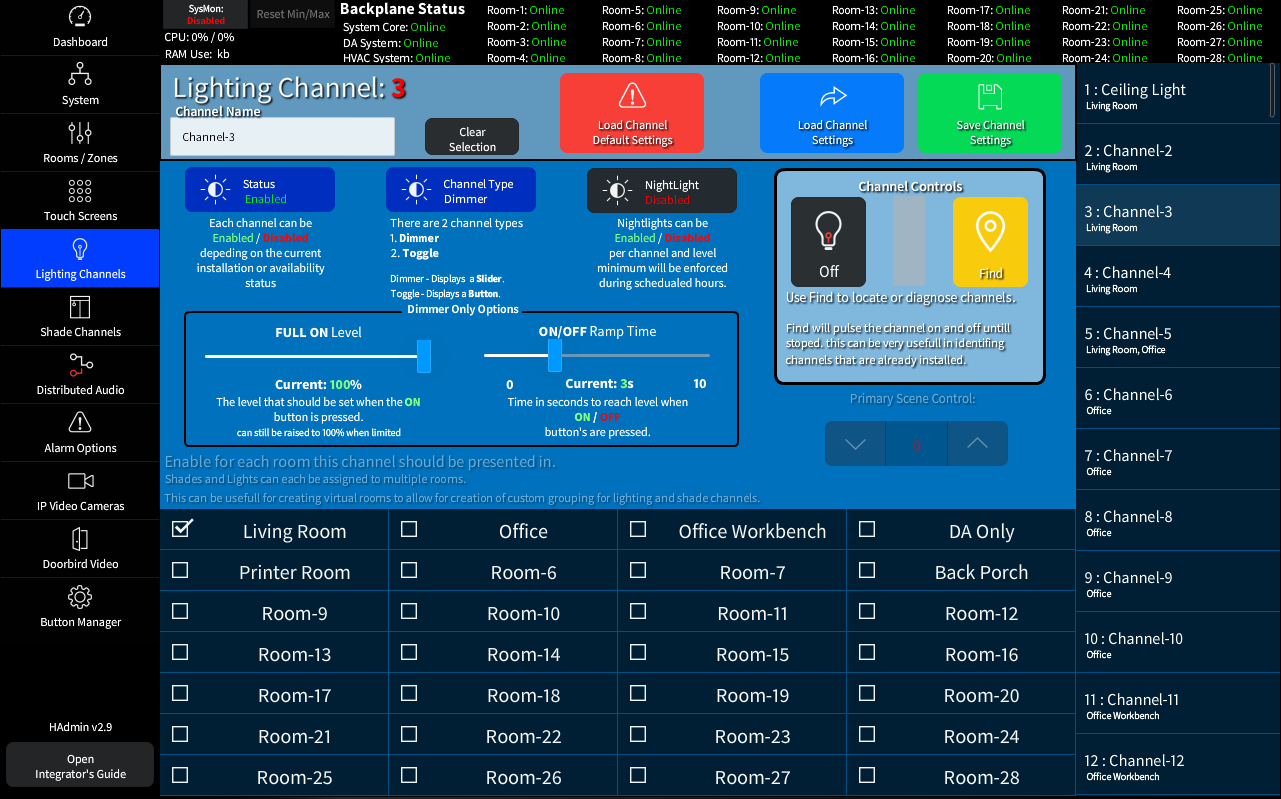 The HAdmin Lighting System Configuration page