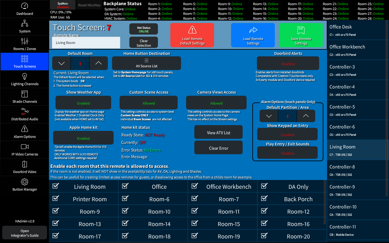 The HAdmin Touch Screen Remotes Administration Page